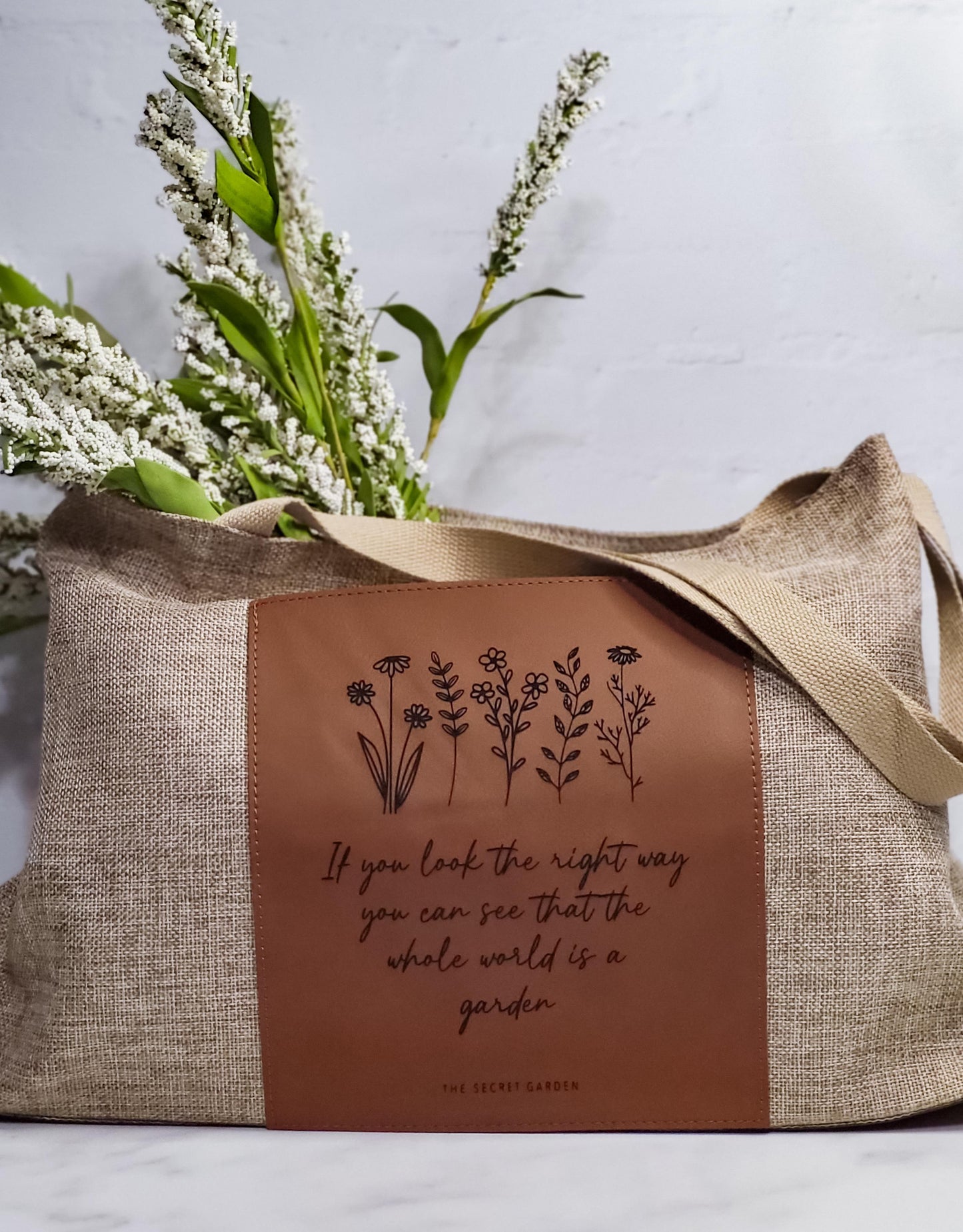 Burlap Bag with Engraved Leatherette Pocket